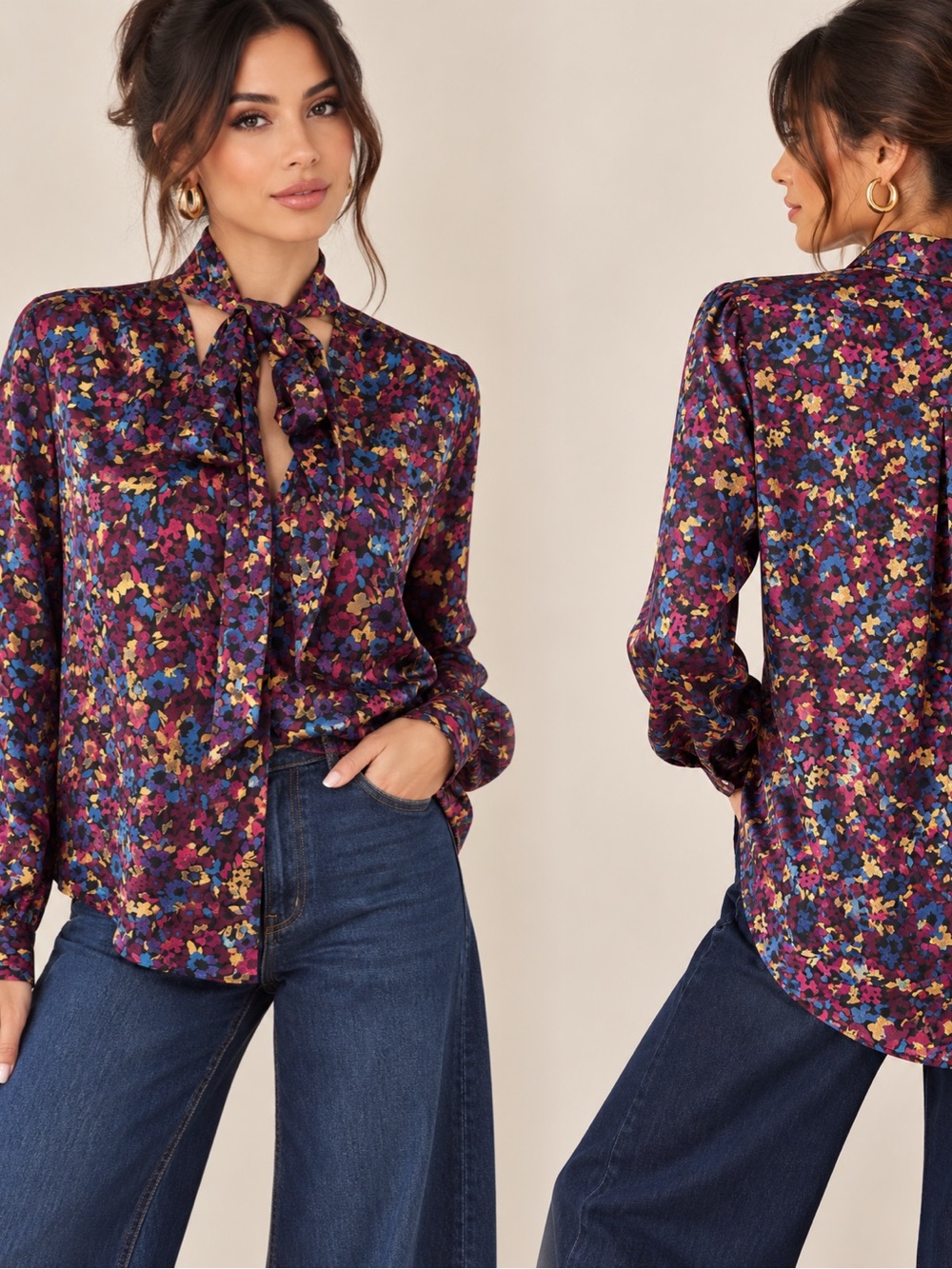 Laundry By Shelli Segal Purple Multi-Color Tie-Neck Blouse